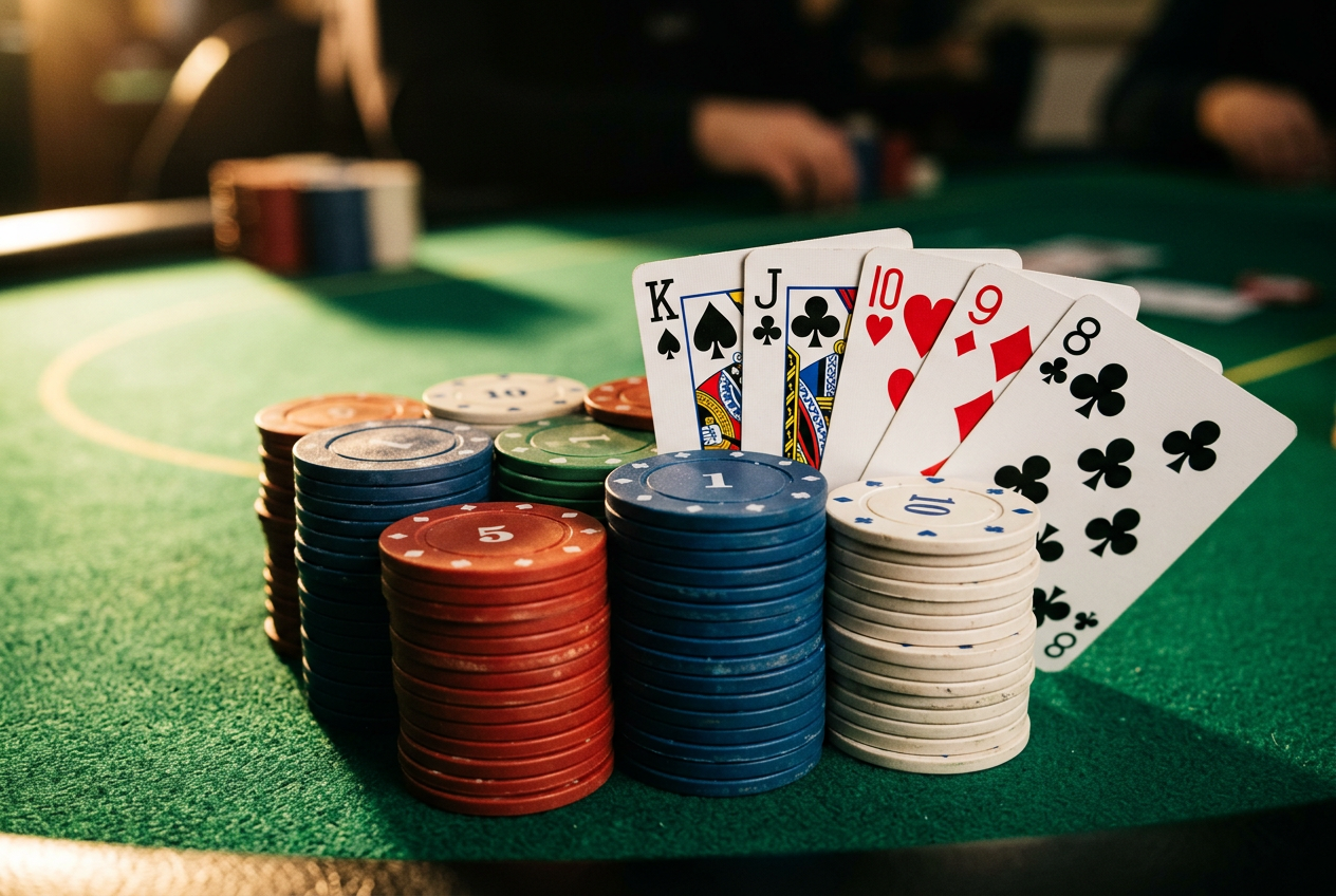 Detailní záběr na vyskládané pokerové žetony a vějíř hracích karet na zeleném plátně s bočním osvětlením